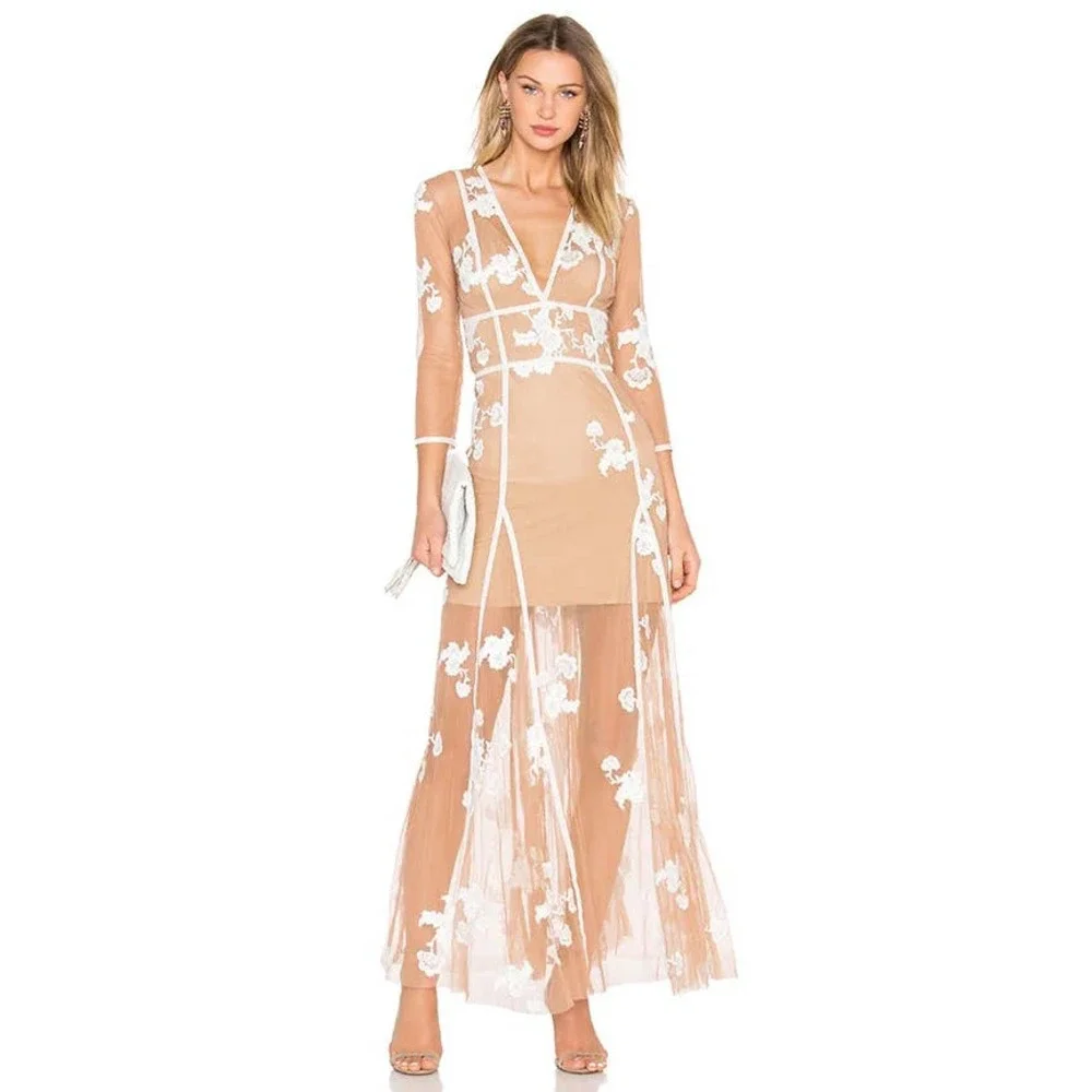 SOLD. For Love And Lemons NWT Eleanora Nude Tulle White Floral Embroidery Maxi - Picture 2 of 9